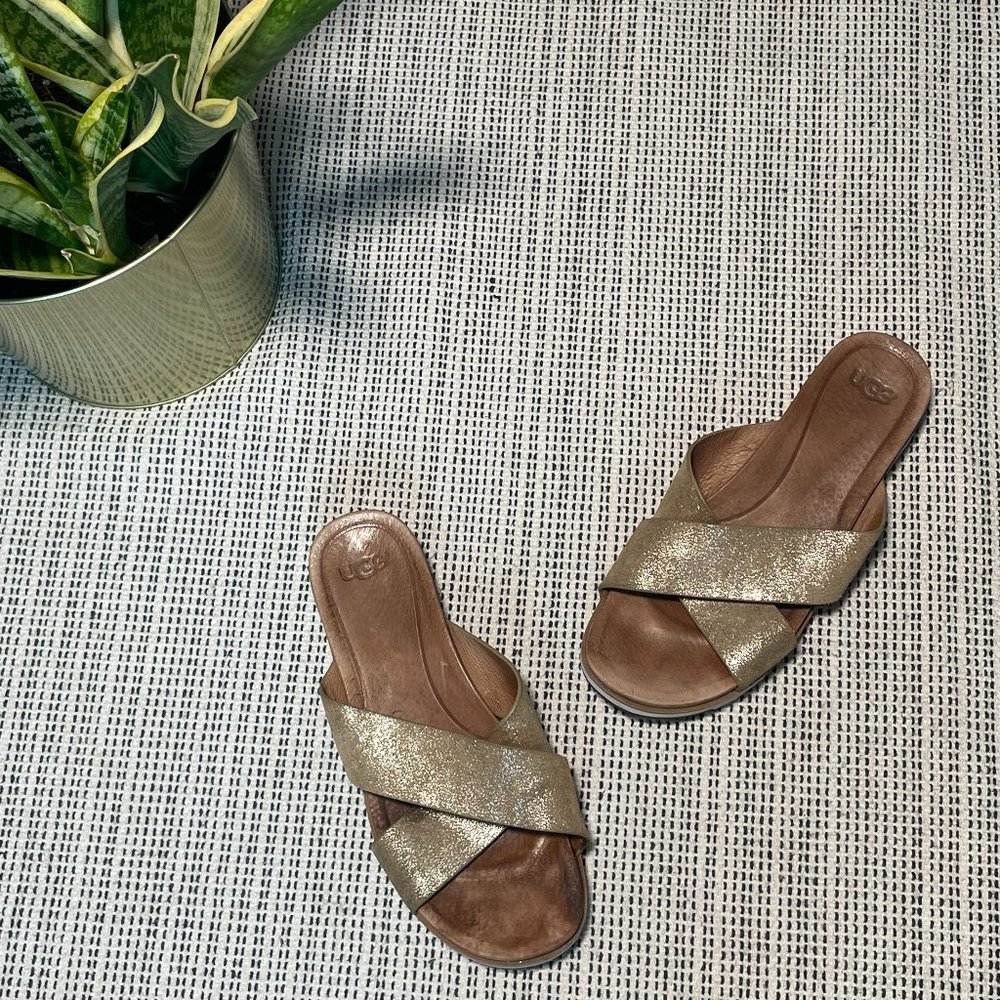 UGG Kari Metallic Gold Leather Criss Cross Slide Sandals